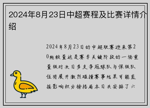 2024年8月23日中超赛程及比赛详情介绍