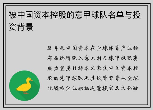 被中国资本控股的意甲球队名单与投资背景